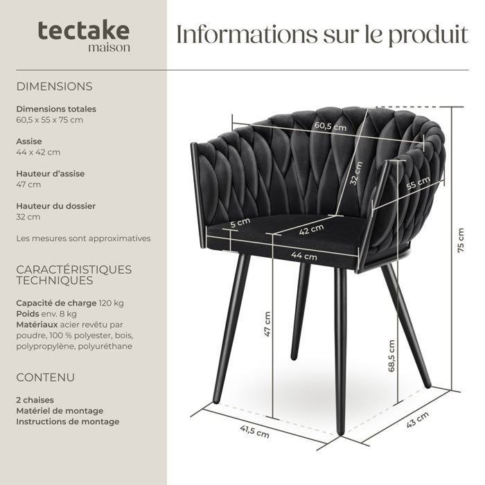 Sillas - TECTAKE - Juego de 2 sillones de comedor ASTANO en terciopelo de diseño con patas de acero delgadas - Negro