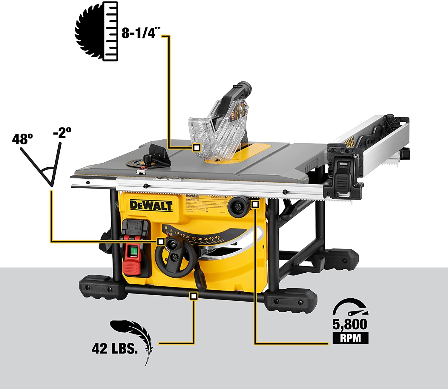 Serra de mesa compacta para construção DEWALT, 8-1/4 polegadas (DWE7485)