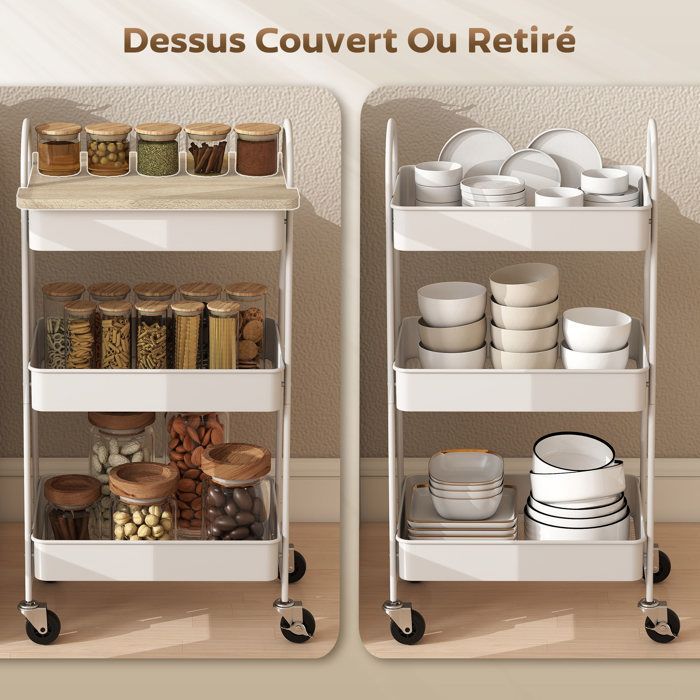 Desserte cuisine - HOMCOM - 3 niveaux, avec plateau supérieur, paniers en maille, poignées - 45 x 32 x 77,5 cm - chêne