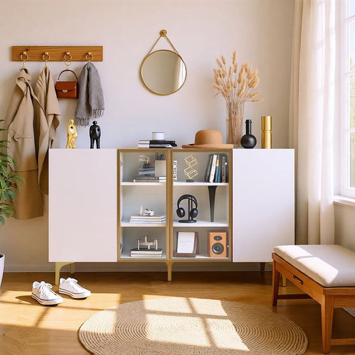 Modern wit dressoir met 4 deuren, gehard glas en gouden metalen poten, minimalistisch design met veel opbergruimte.