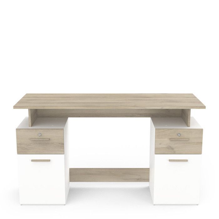 Bureau avec rangements - PLATON - Chêne / blanc mat - L134,8 x P55 x H76,4 cm - DEMEYRE