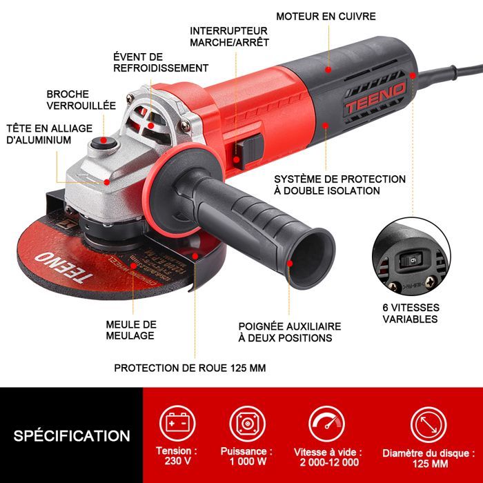 Meuleuse d'angle - TEENO - 1000W - 125 mm - 2000-12000 trs/min - Filaire