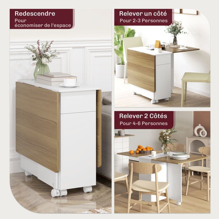 Table à manger pliable pour 2-6 personnes, table de cuisine sur roulettes avec 2 tiroirs 2 placards, 140x76x74cm, blanc