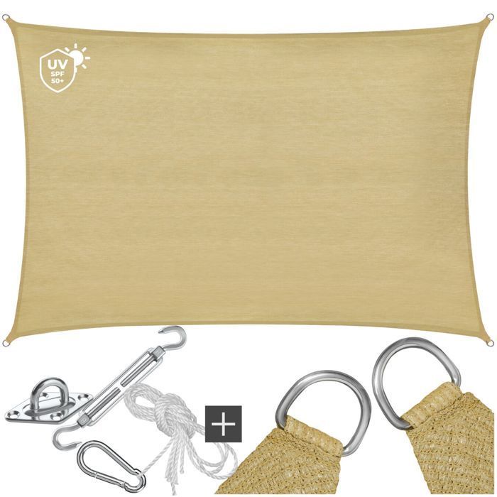 Voile d'ombrage - TECTAKE - Protection solaire SUNNY extérieur en HDPE indéchirable avec protection UV imperméable 3x4m - Sable