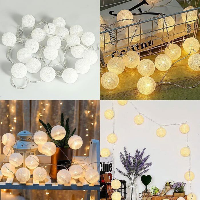 Guirnalda de luces de bolas de algodón, decoración navideña para interiores, 3 m, 20 luces LED en forma de globo, para niñas, princesas, niños y bebés - 3 cm