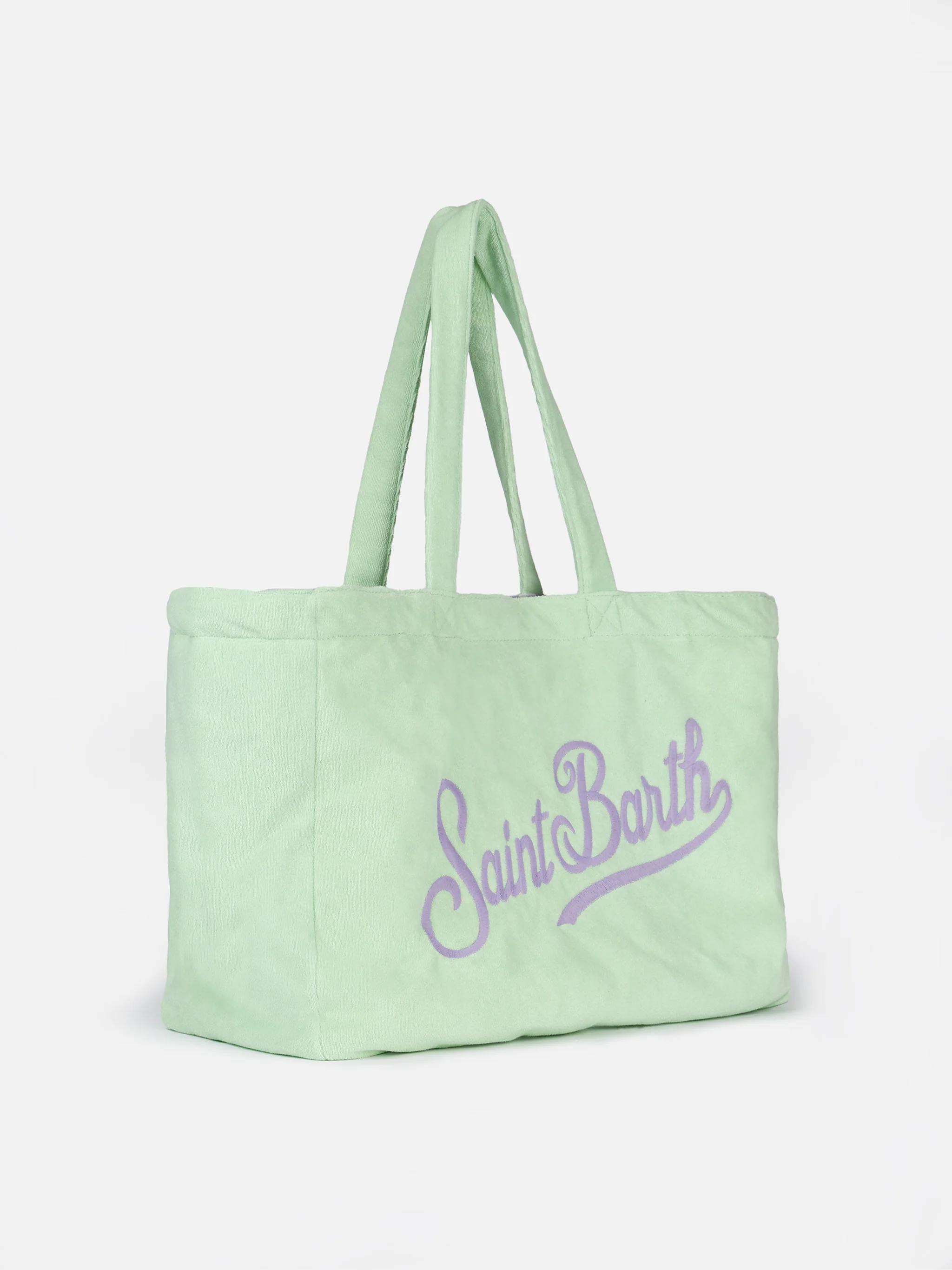 Dubbelzijdige strandtas | Watergroene badstof en lila geruite katoenen print | Logo-borduurwerk | Verborgen vak | MC2 Saint Barth