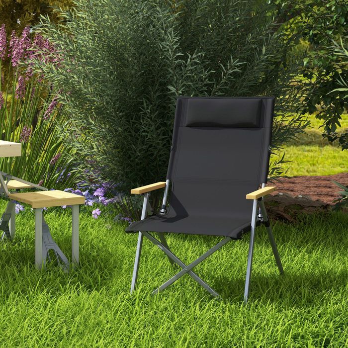 Campingstuhl – Outsunny – faltbar und tragbar – verstellbare Rückenlehne, gepolsterte Kopfstütze, Tasche – 74 x 59,5 x 98 cm – schwarz