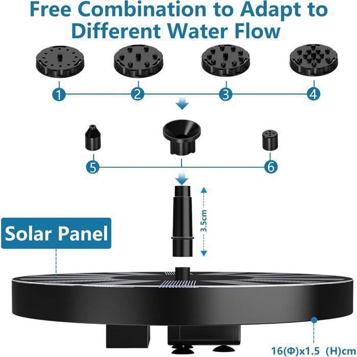 Bomba solar flotante para fuentes exteriores con 6 boquillas para bebederos de pájaros, estanques y piscinas - Muebles de jardín