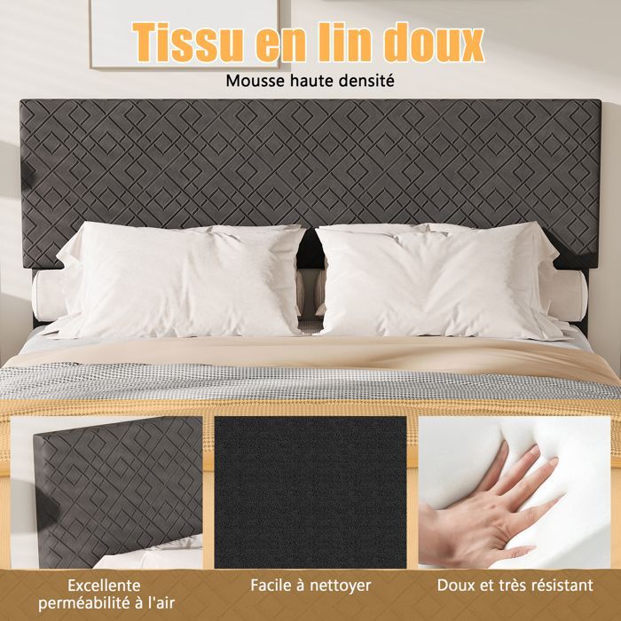 Tweepersoonsbed 140x200 cm, lattenbodem, grijs linnen, inclusief hoofdbord, natuurlijke en moderne stijl voor de slaapkamer, eenvoudig te monteren