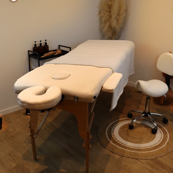 Table de massage pliante 2 zones en bois avec panneau Reiki + Accessoires et housse de transport - Beige - Vivezen