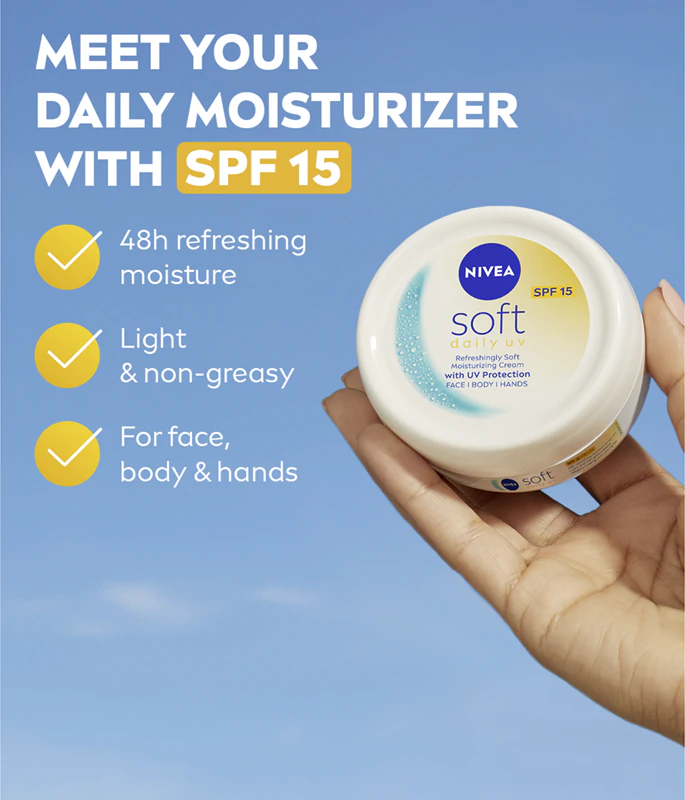 Creme hidratante com proteção UV diário NIVEA Soft para o corpo e o rosto.