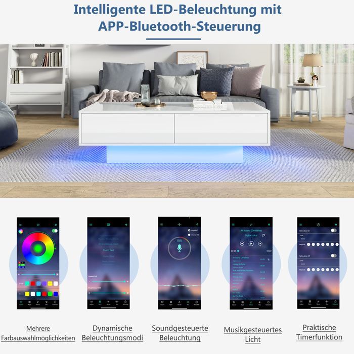 Tavolino moderno con 2 cassetti e illuminazione a LED, complemento d'arredo per soggiorno, 115x55x34 cm, bianco lucido.