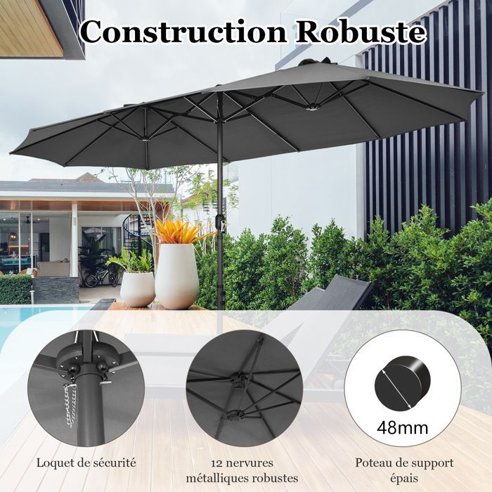 Parasol de Jardin Rectangulaire Extérieur - RELAX4LIFE - 470X280CM - Parasol Double avec Manivelle - Protection UV - Gris Foncé