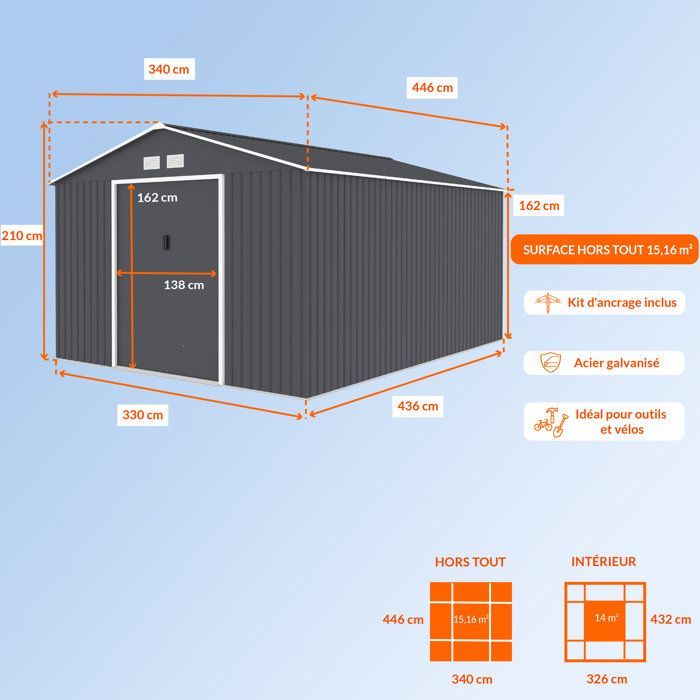 Metalen tuinschuur 15,16 m² - 340 x 446 x 210 - SATURNE - Inclusief verankeringsset, 2 schuifdeuren - Grijs