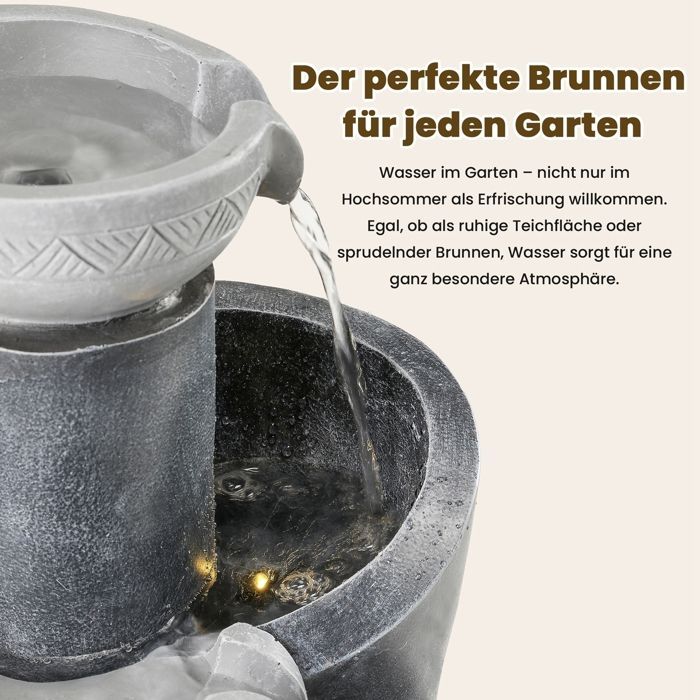 Trädgårdsfontän med LED-belysning, vattenpump, utsida av konststen och dekorativt bassäng, harts, grå