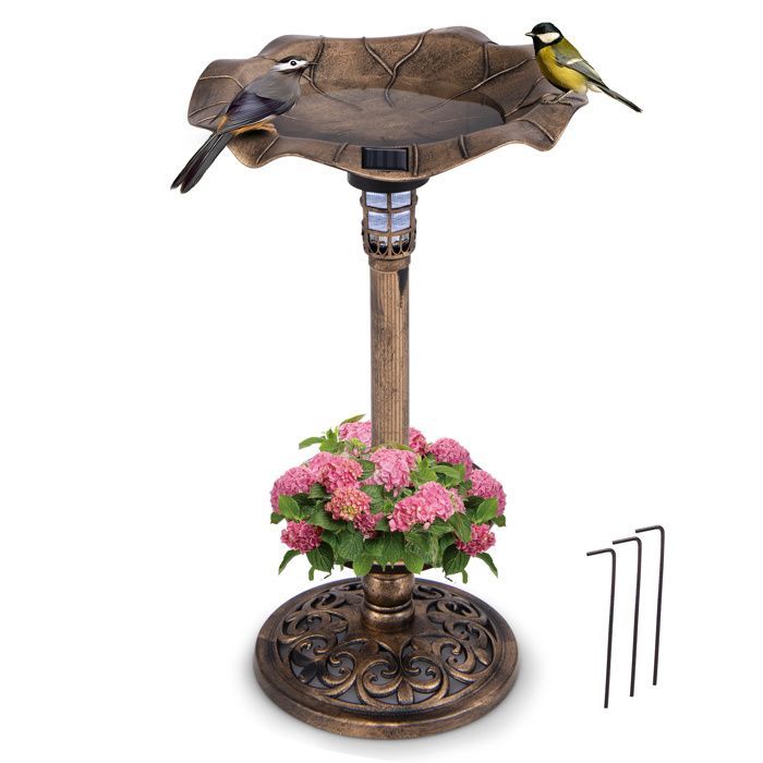 COSTWAY Mangeoire à Oiseaux sur Piédestal Extérieur, Lumières Solaires LED, Bol en Feuille de Lotus et Jardinière, Bronze antique