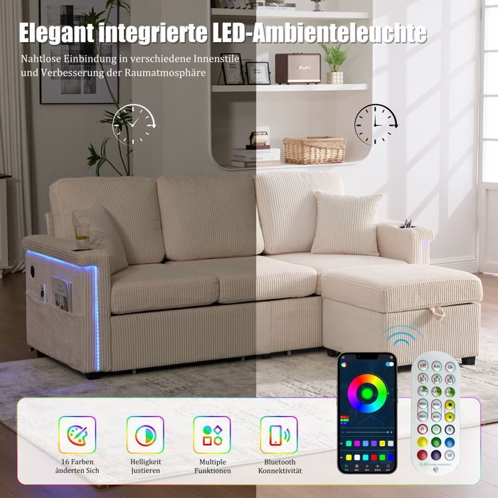 Modular 3-Seater Sofa with LED Lighting, 2 Storage Drawers, Storage Ottoman and Cup Holder - Corduroy - Beige