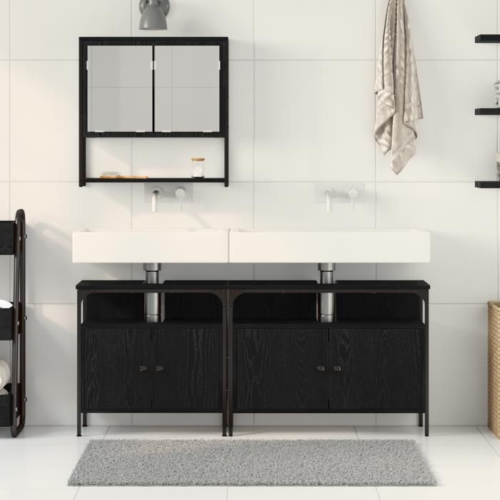 Conjunto de muebles de baño - Roble negro - 3 piezas - Madera de ingeniería - Elegancia chic