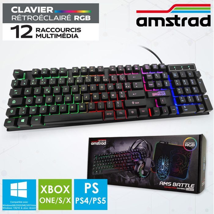 Tastiera da gioco USB Amstrad AMS KEY008, retroilluminazione RGB, 12 scorciatoie multimediali, 104 tasti, colore AZERTY