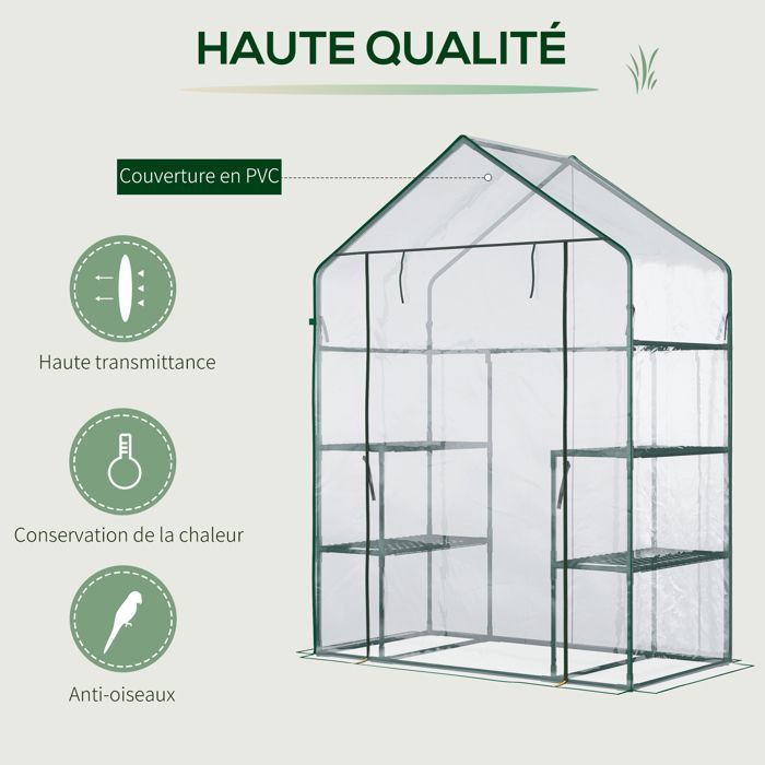 Invernadero de jardín Outsunny - Estantes de 3 niveles, balcón, cubierta reforzada, puerta enrollable con cremallera - Acero - 142x73x195cm - Verde
