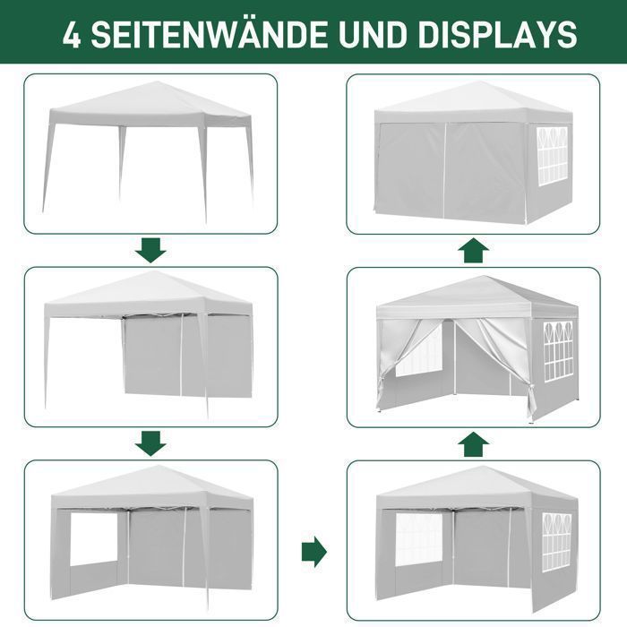 Cenador de jardín, carpa de recepción, carpa para eventos - 3x3 m, con 4 bolsas de lastre, carpa plegable, carpa de jardín, blanca