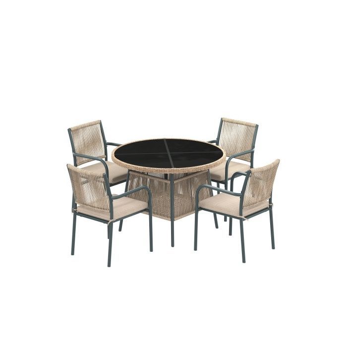 Conjunto de muebles de jardín de 5 piezas en resina tejida gris, mesa redonda de cristal templado y 4 sillones con cojines.