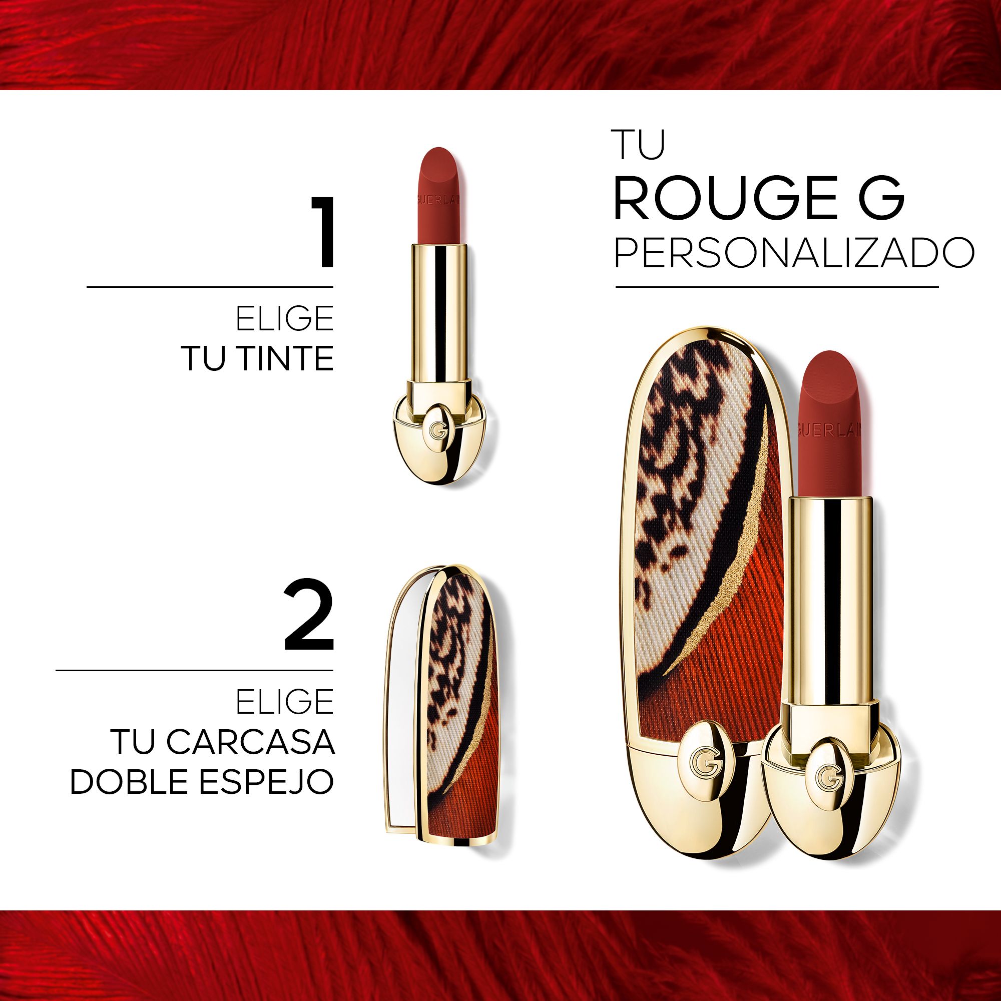 Rouge G Majestic Feathers dārgakmeņu futrālis ar dubultu spoguļspoguli, pielāgojama lūpu krāsa, ierobežota izlaiduma, luksusa lūpu krāsas