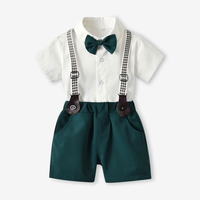 Conjunto de ropa para bebé niño para boda/bautizo: camisa con pajarita y pantalones cortos con tirantes - Verde