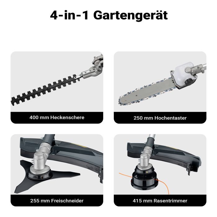 Herramienta multifunción Wiltec 4 en 1 – 2860 x 370 x 560 mm – Motor de gasolina de 2 tiempos y 1,2 L – 1,9 kW – con extensión – Desbrozadora