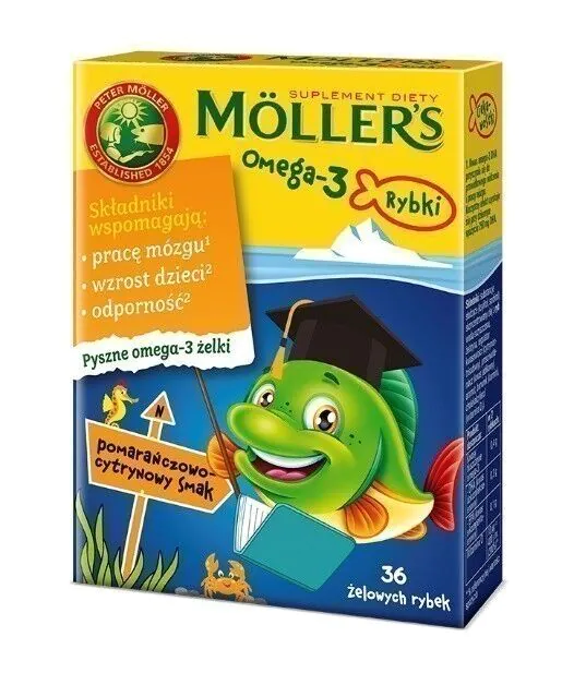 Mollers Omega-3 Rybki, Żelki z kwasami omega-3 i witaminą D3 dla dzieci, Smak pomarańczowo-cytrynowy
