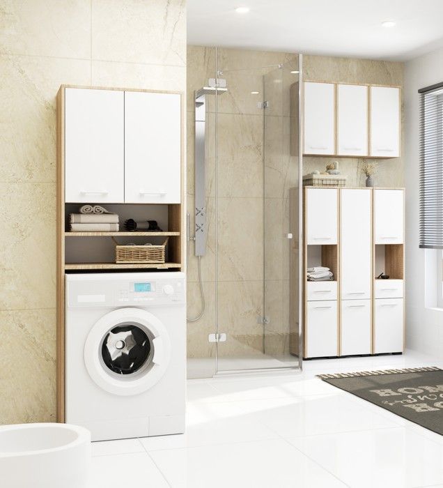 Armoire pour machine à laver 64x30x180cm - Meuble SDB- Meuble de rangement buanderie 2 portes et 4 étagères - Sonoma+Blanc