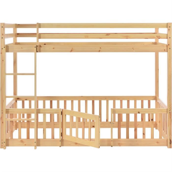 DRIPEX Lit Superposé 200x90cm avec escalier à angle droit,Lit Enfant avec barrières de sécurité et petites portes,naturel