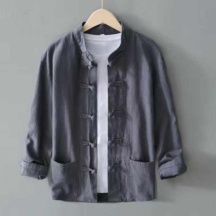 Blusa Tang de Kung Fu para hombre - FUNMOON - Lino de manga 3/4 - Azul claro - Cuello mandarín