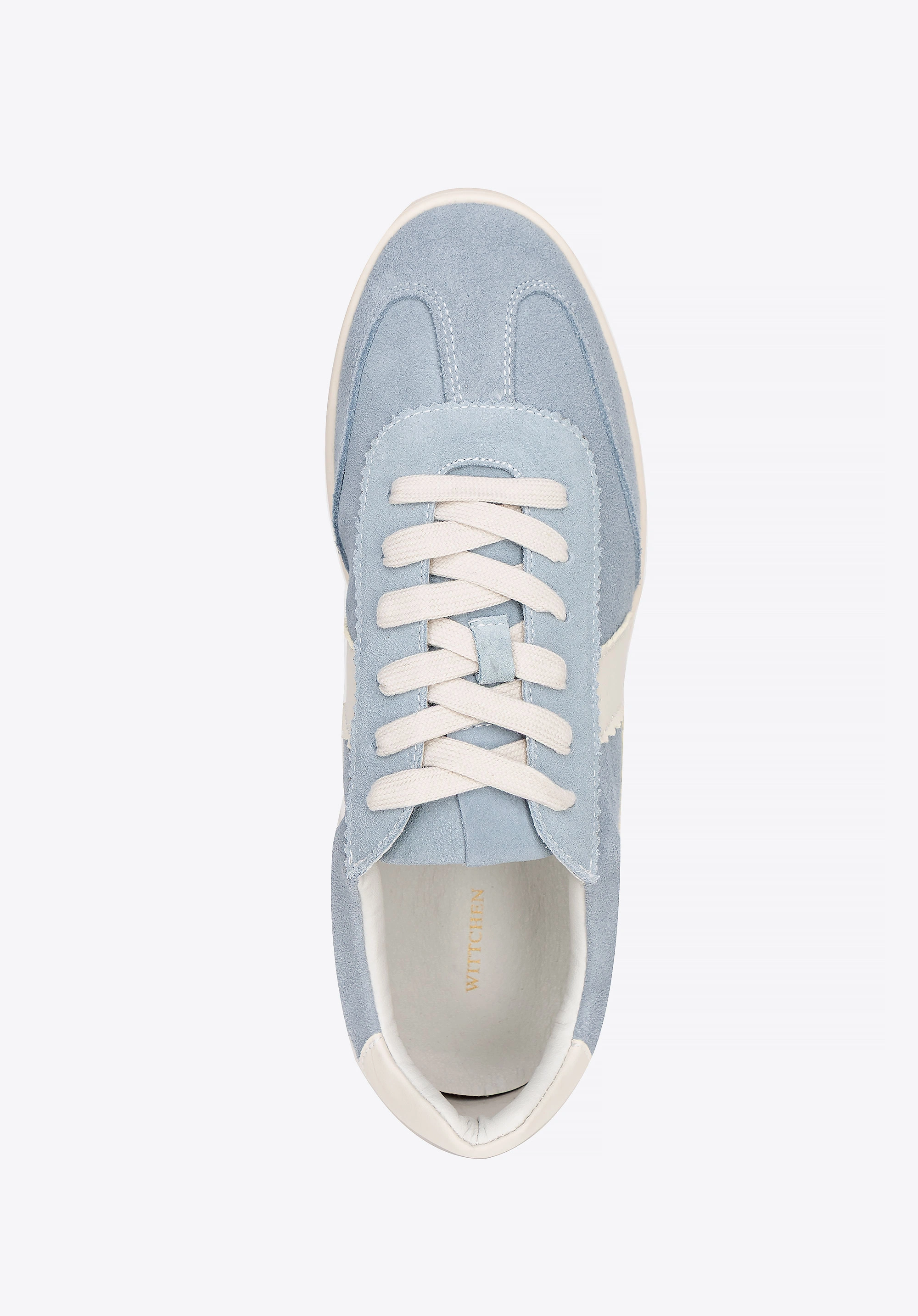 Zamszowe sneakersy z kontrastowymi wstawkami z ekoskóry niebiesko - białe