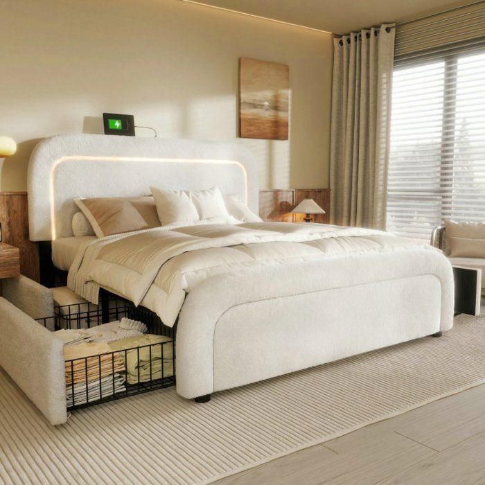 Cama con almacenamiento - LANGTU - 140x200 cm - 4 cajones - USB Tipo-C - Cabecero ajustable - LED integrado - Piel sintética tipo sherpa blanca