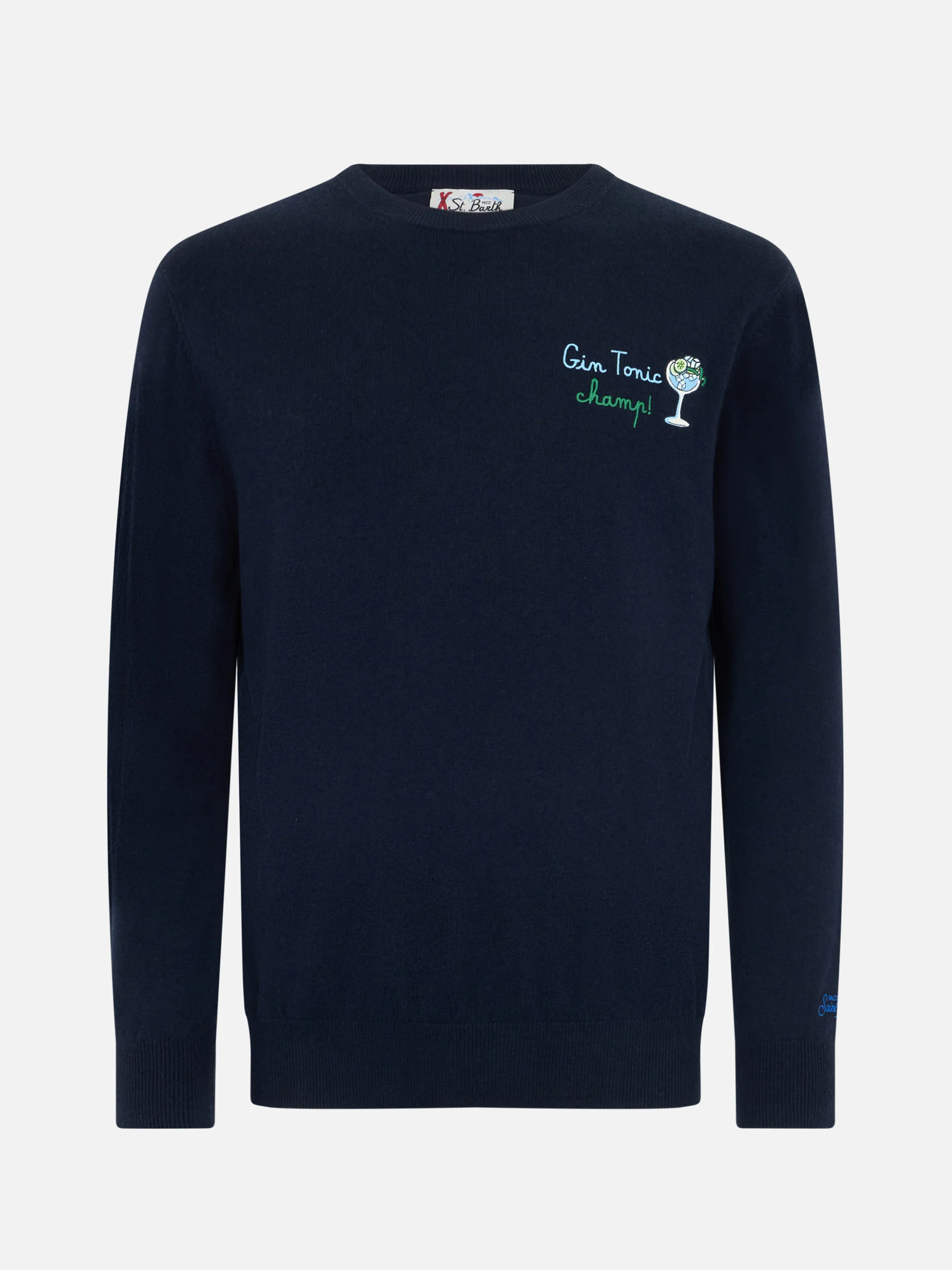 Heron Man blauwe trui met ronde hals | St Barth logo & Gin Tonic Champ borduurwerk | Geribbelde kraag, manchetten en zoom | Normale pasvorm | MC2 Saint Barth