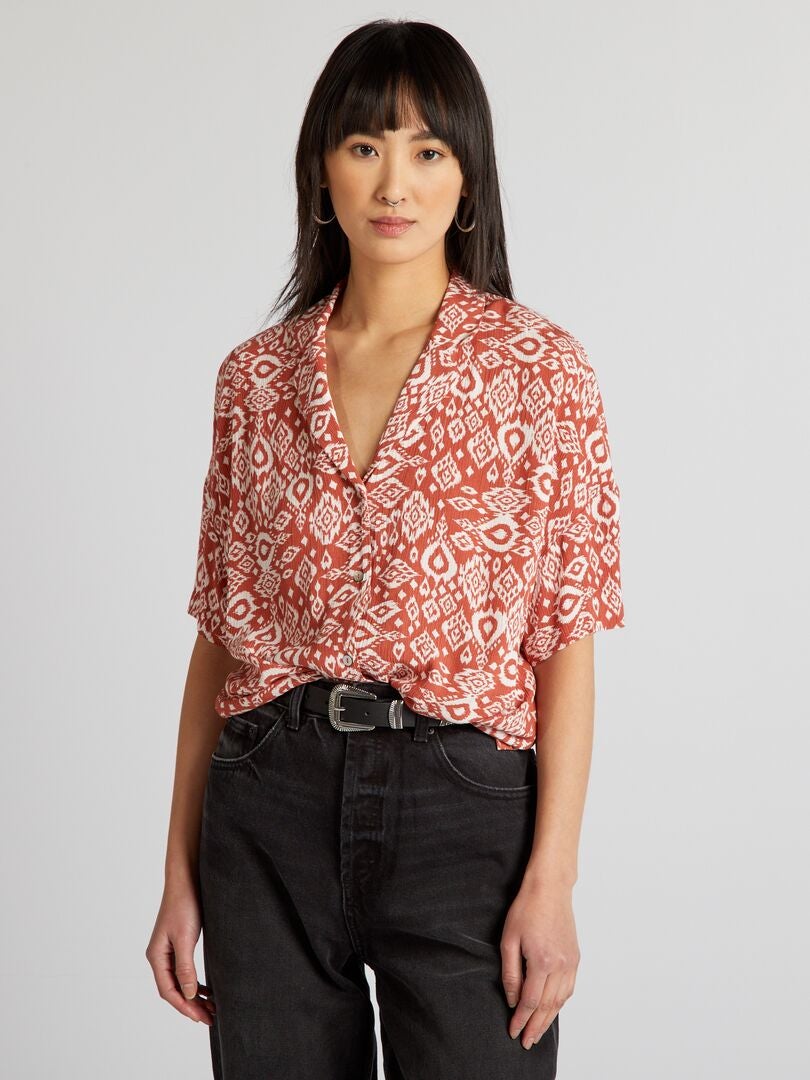 Crêpe blouse met korte mouwen - BRUIN