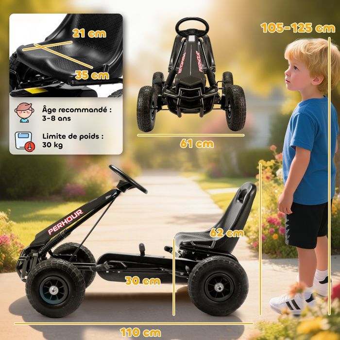 Kart à pédales - Go-Kart pour enfants - AIYAPLAY - siège réglable, pneus EVA, embrayage manuel et frein - 110 x 61 x 62 cm - noir