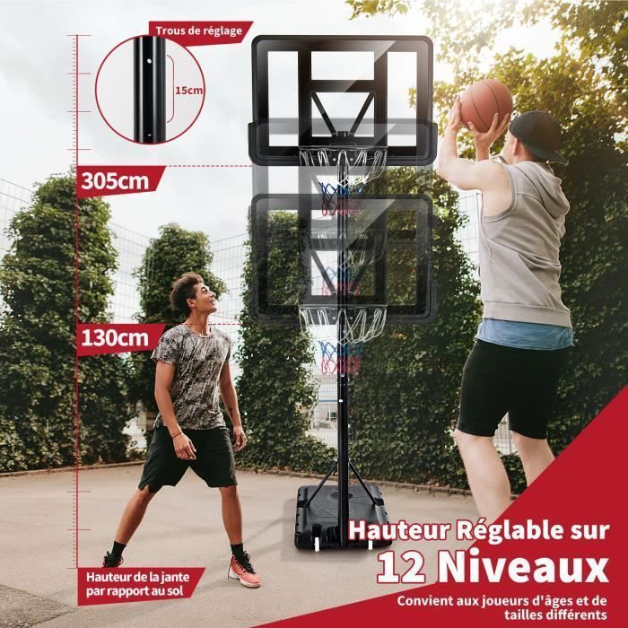 Aro de baloncesto independiente COSTWAY de 130-305 cm de altura ajustable con red de nailon, tablero irrompible, 2 ruedas y poste metálico.