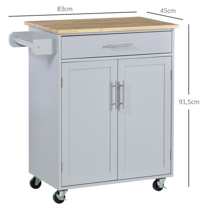 Carrito de cocina con ruedas, carrito de servicio, isla de cocina con cajón y toallero - gris