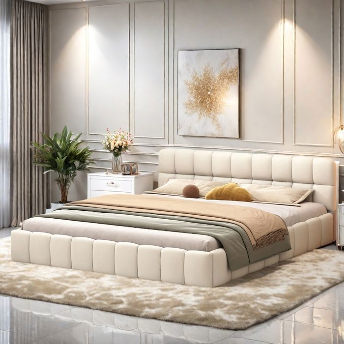 Lit adulte - TANANT - Lit double rembourré moderne - 140 x 190 cm - Tissu en lin beige - Design contemporain
