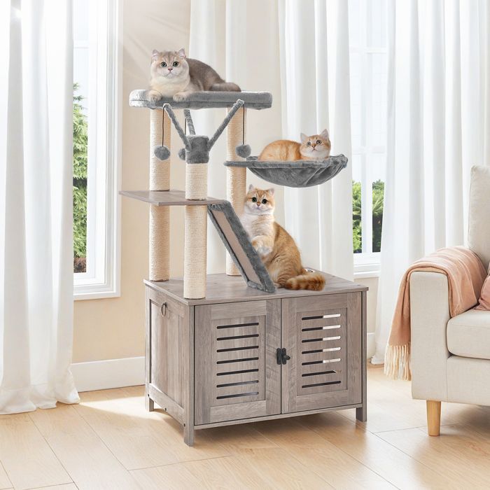 HOOBRO Cat Tree with Cat Litter Box, Wooden Cat House with Cat Tower, Greige