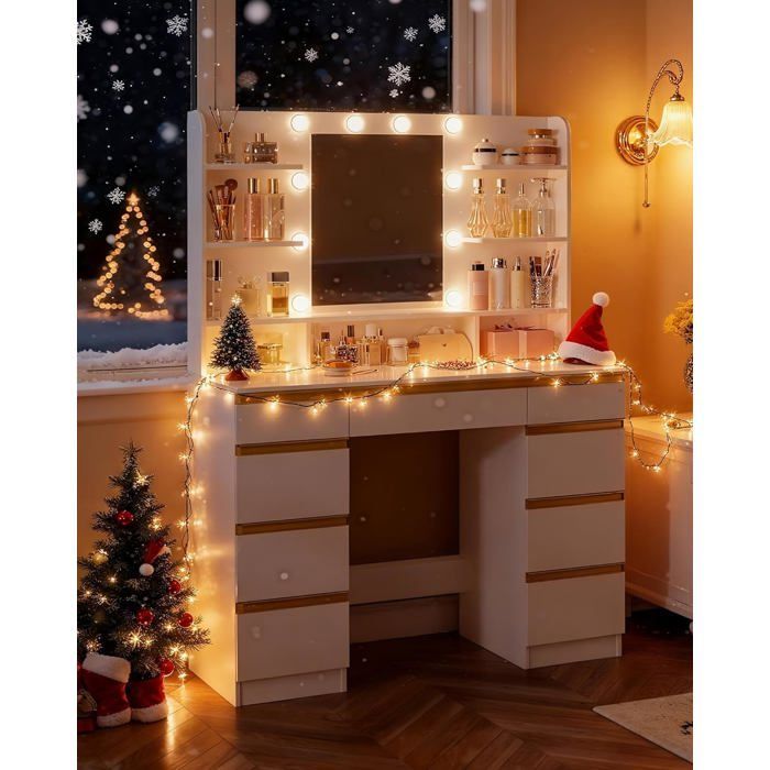 Ampia toeletta con illuminazione a LED, 10 sfere luminose a LED, 3 colori, luminosità regolabile, specchio, 9 cassetti, bianco-oro.