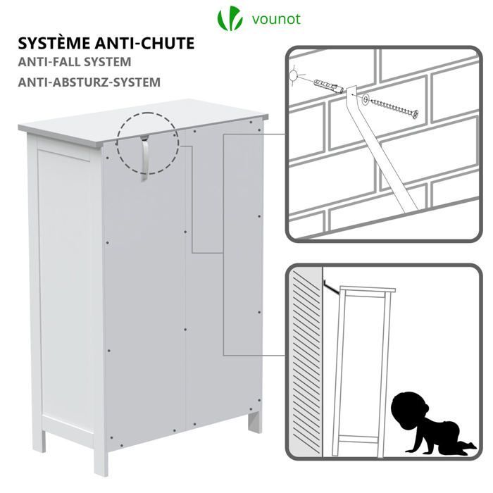 VOUNOT® Meuble bas de salle de bain 55x30x82cm - Armoire de rangement avec 4 tiroirs, 1 porte, 1 étagère réglable - Blanc
