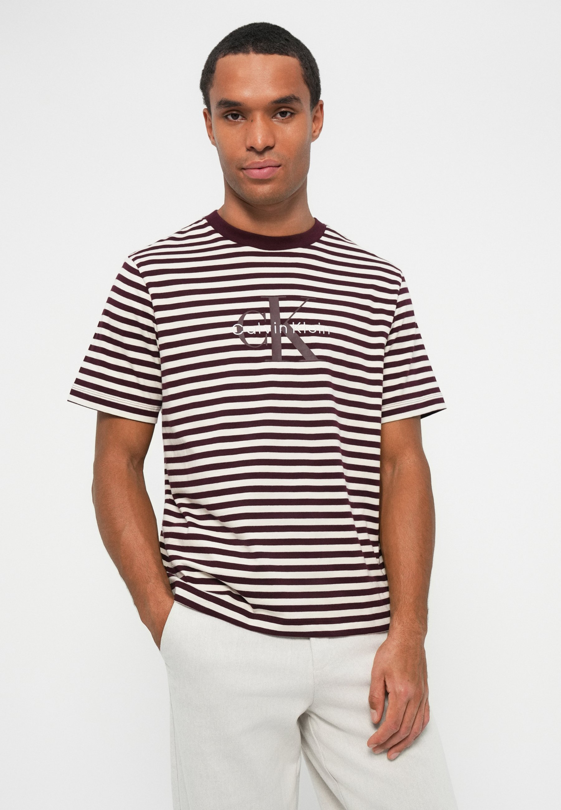 Calvin Klein Jeans STRIPE MONOLOGO - T-shirt stampata - marrone marocchino