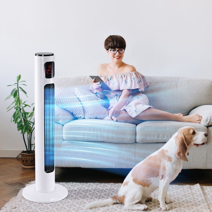 Ventilador de torre HOMCOM - Silencioso, 3 modos, 3 velocidades, mando a distancia, LED - 96 cm - Blanco