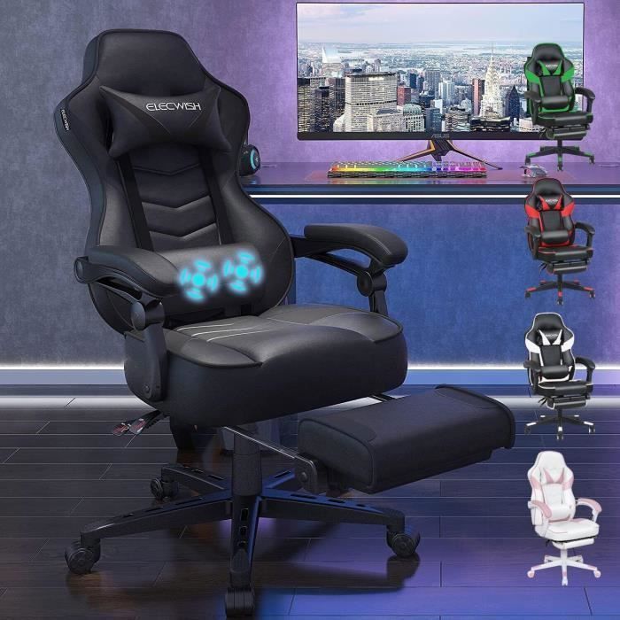 Silla gaming ergonómica con masaje, giratoria y ajustable, respaldo alto con reposapiés y reposacabezas, color negro.