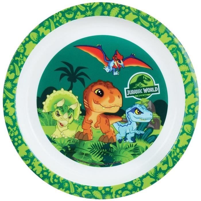 JURASSIC WORLD - Juego de vajilla infantil con taza, tazón, plato, cubiertos, botella de agua y caja para aperitivos.