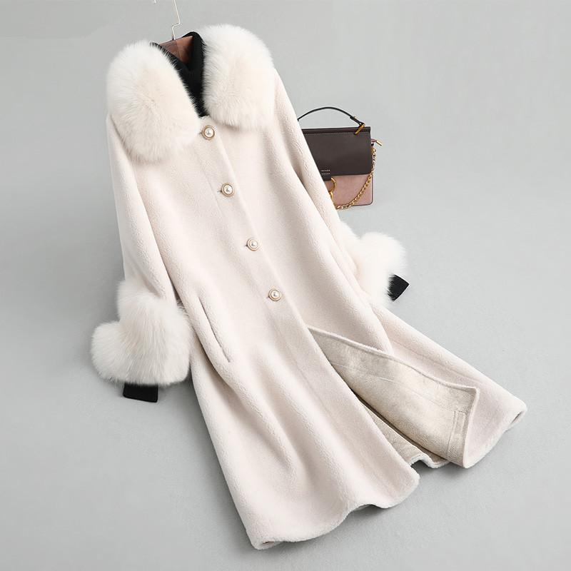 Autumn Winter Wool Coats Sheep Shearling Fur Jackets Real Fur Coat Female Jacket Warm Fox Fur Collar Winter Jacket Women A216