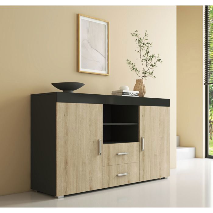 Aparador ROQUE 140x80x40 cm - 2 puertas 2 cajones - Acabado en negro y roble Sonoma - Almacenamiento para salón